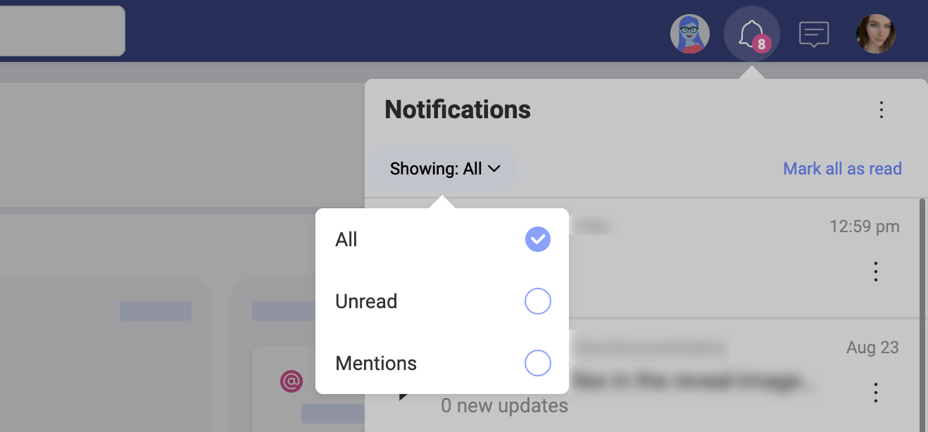 Notifications panel filter options shown: All, Unread, Mentions