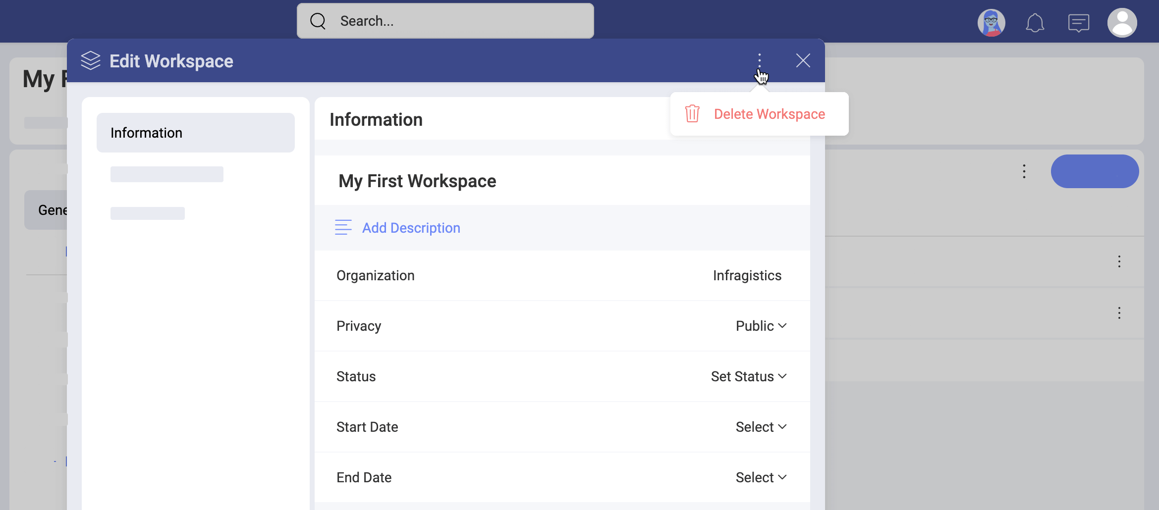 Overflow button location in the workspace's settings