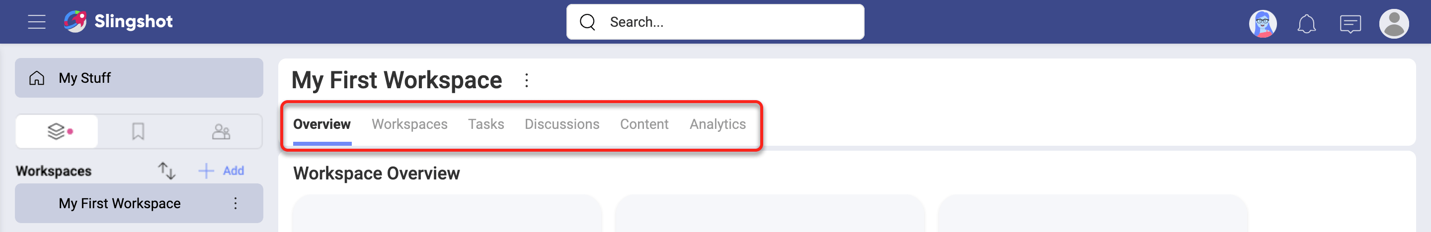 Workspace Overview highlighting the main navigation items in Slingshot