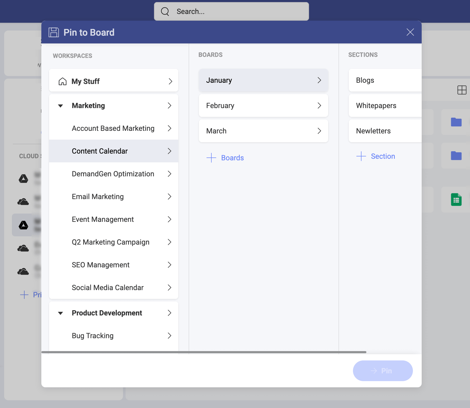 Choosing the destination of the content within Slingshot