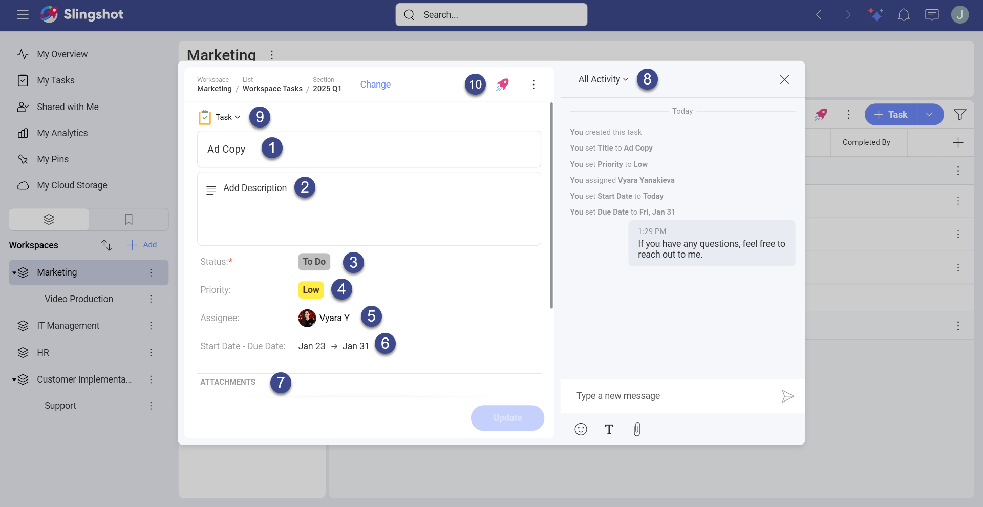 Task card with all fields highlighted within Slingshot