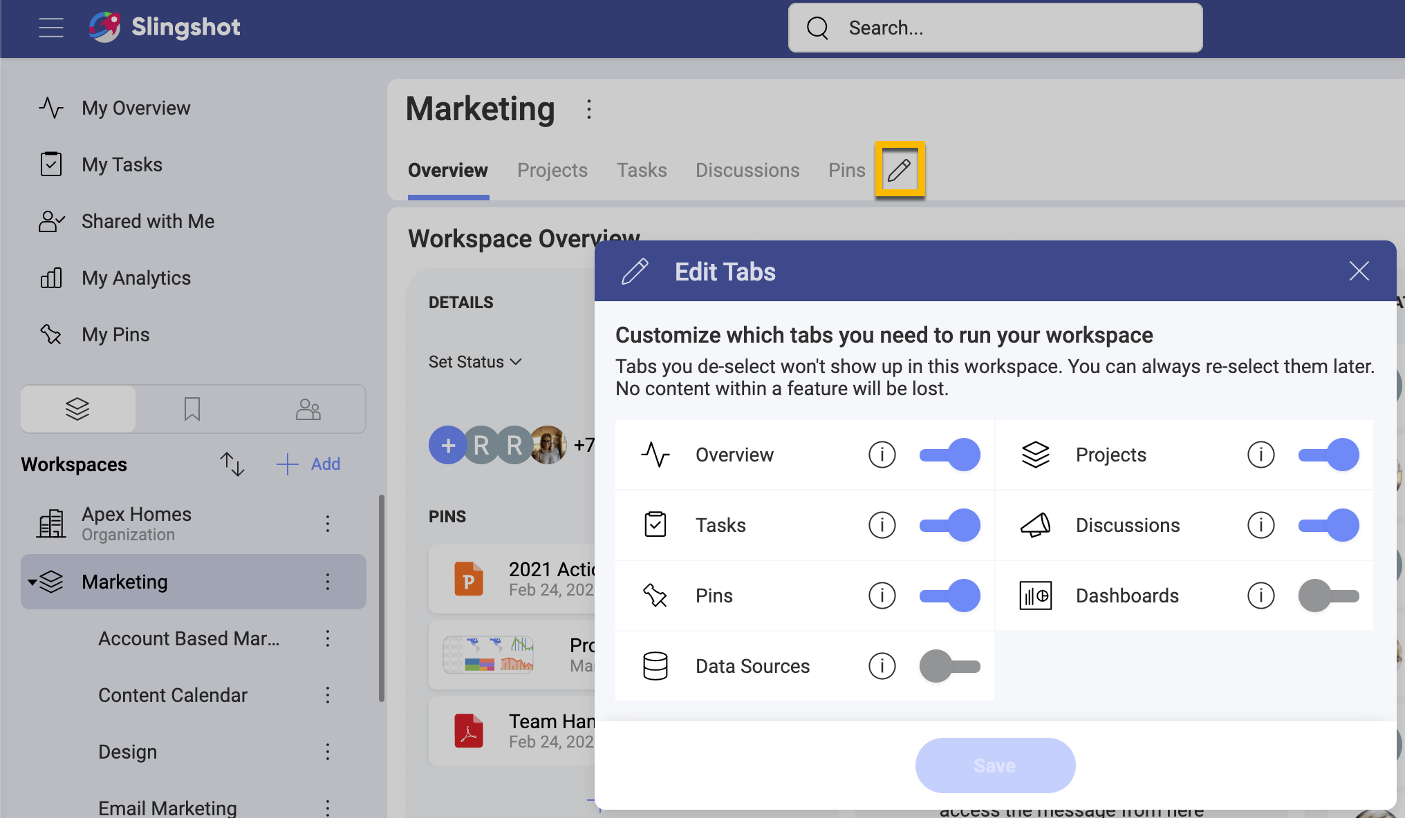 Accessing a workspace settings within Slingshot