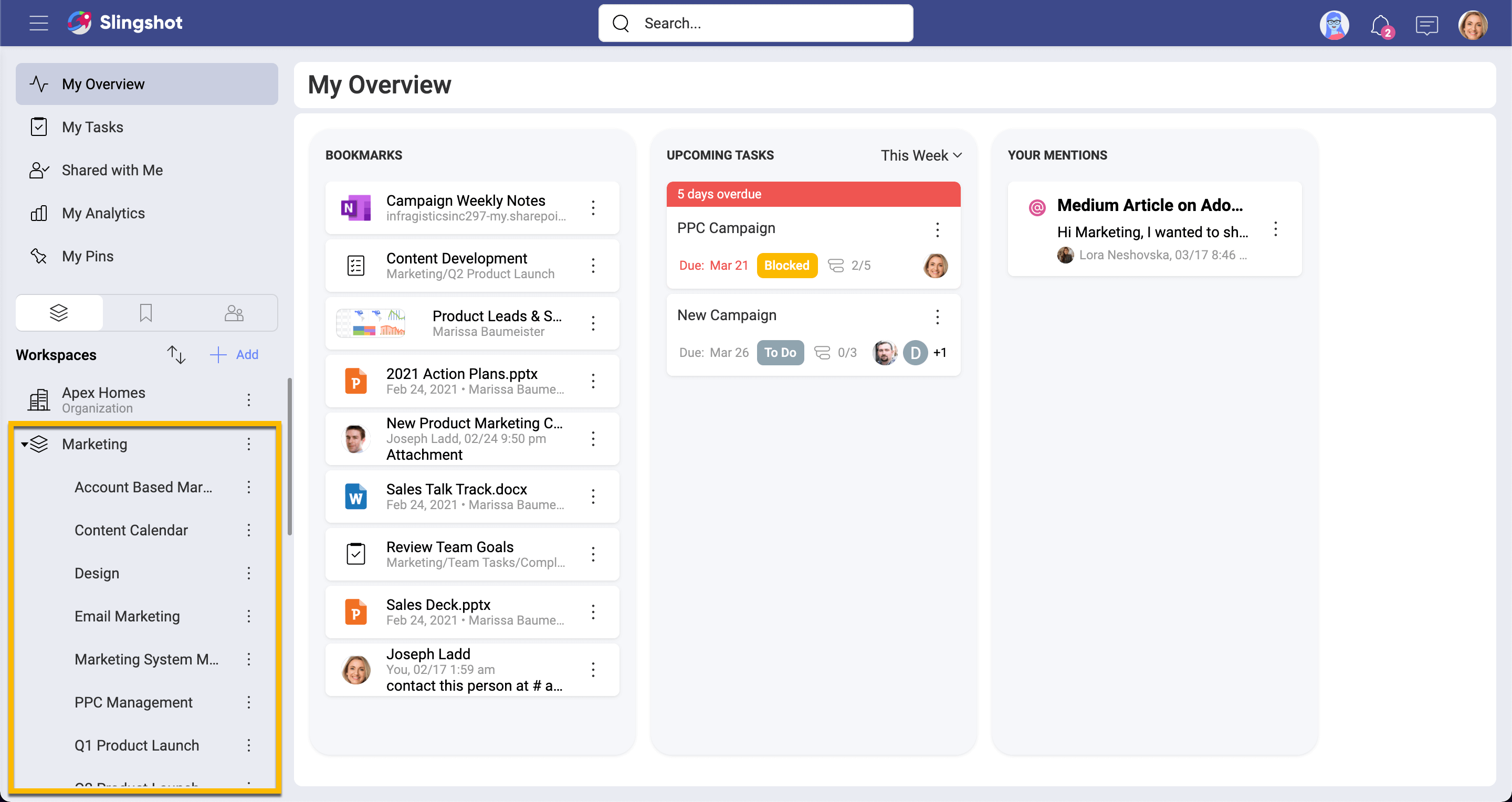 Showing the Workspaces Hierarchy within Slingshot