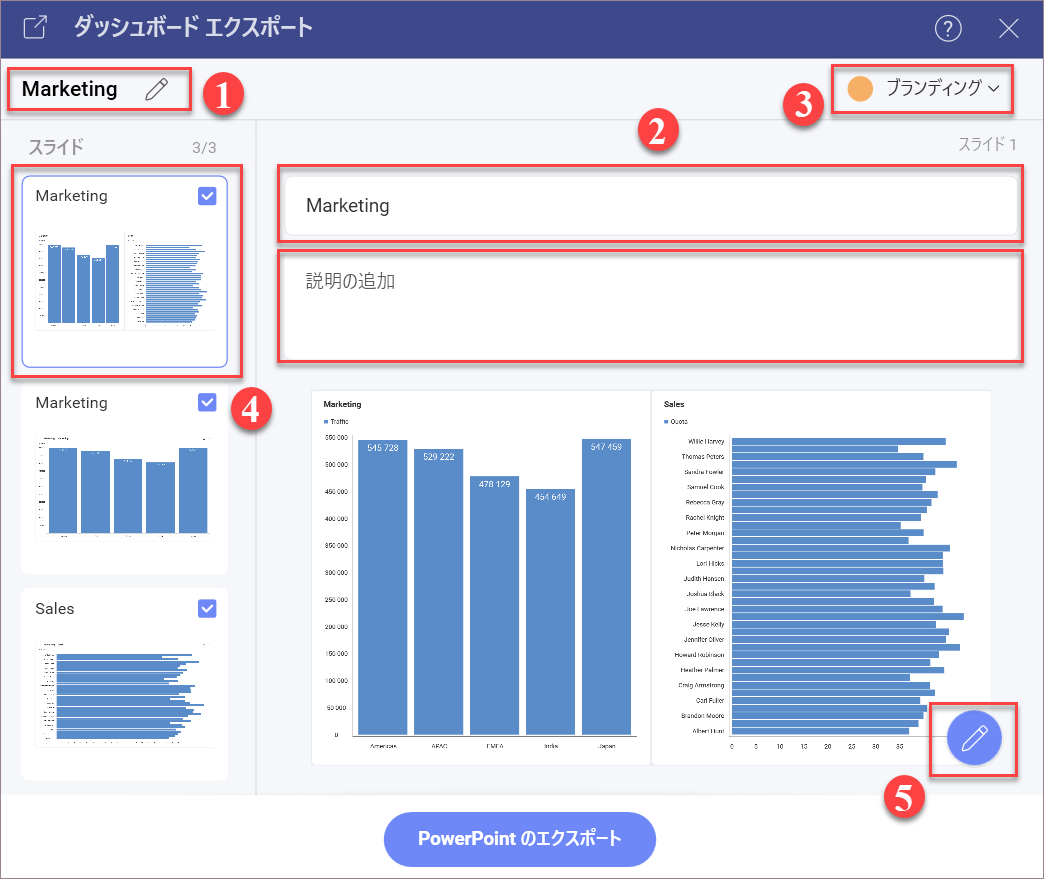 Settings for PowerPoint presentation in the Export Dashboard menu