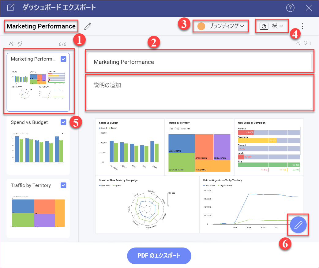 Settings for PDF document in the Export Dashboard menu