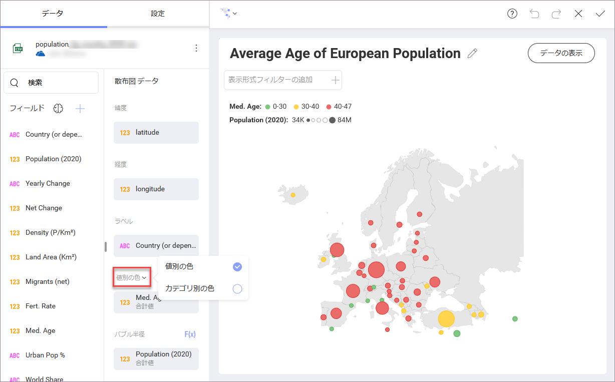 A scatter map showing the average age of Euro Population sized by number and colored using conditional formatting for medium age