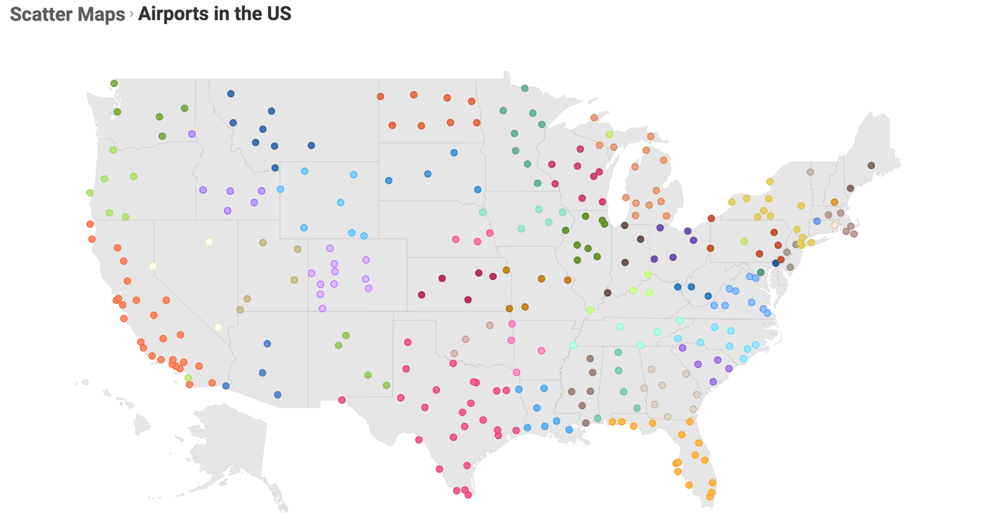 A scatter map showing the distribution of US airports with dots colored by state