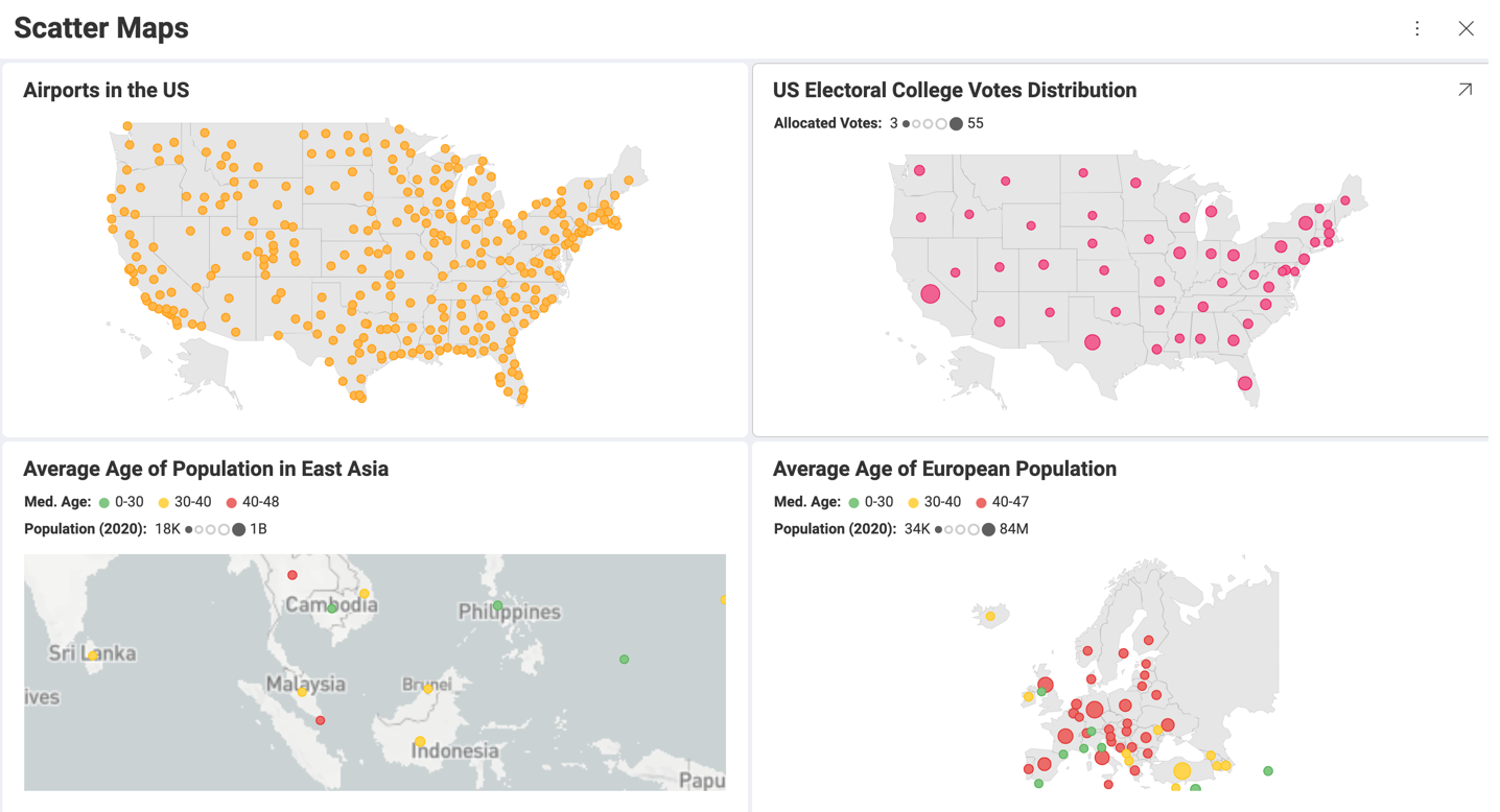Different scatter maps visualizations in a dashboard
