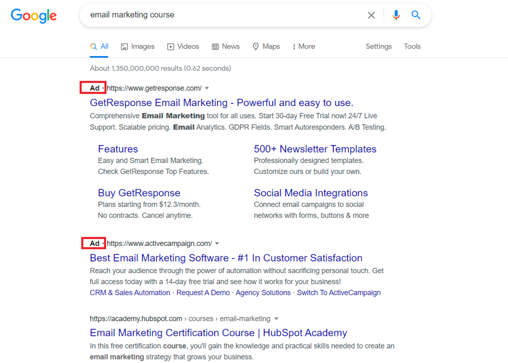 an example of search ads in the serp