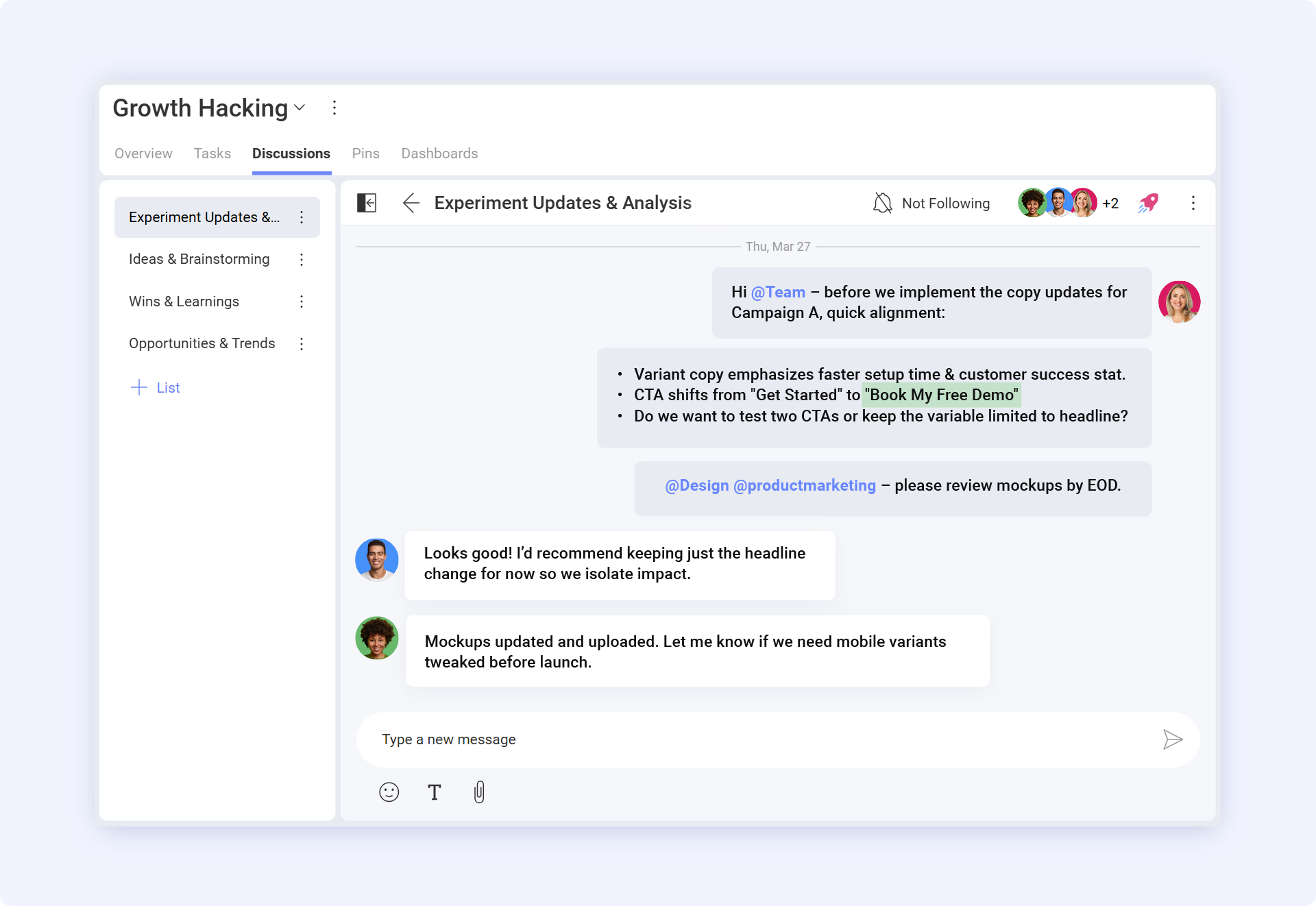Team discussion thread in Slingshot sharing growth hacking experiment updates