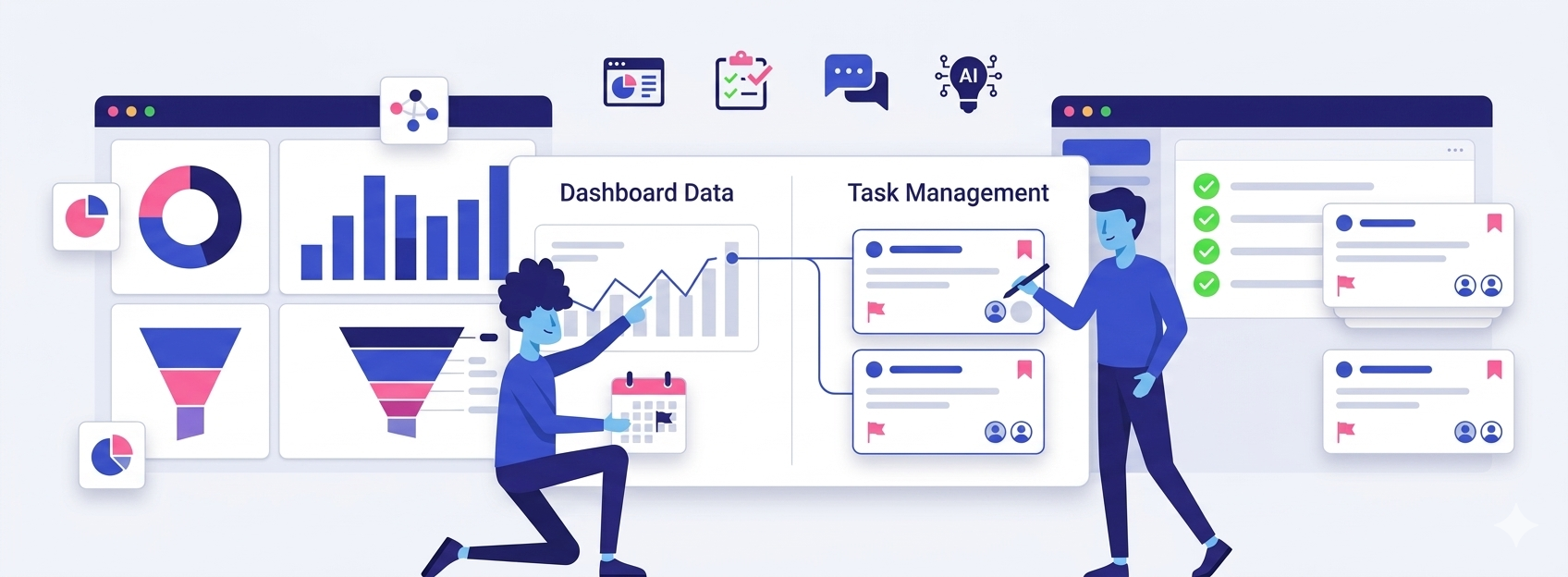 Unified marketing execution platform workspace showing live dashboard, project tasks, and AI-suggested next steps